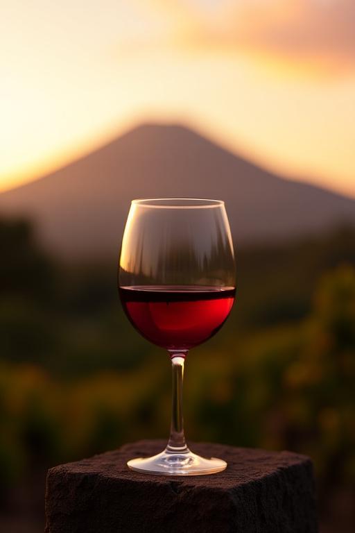 Calice di vino rosso dell'Etna con vista sul vulcano