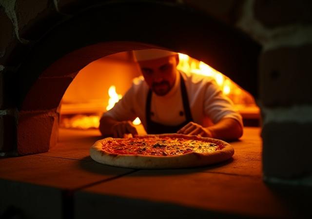 Lo chef mentre inforna una pizza nel forno a legna