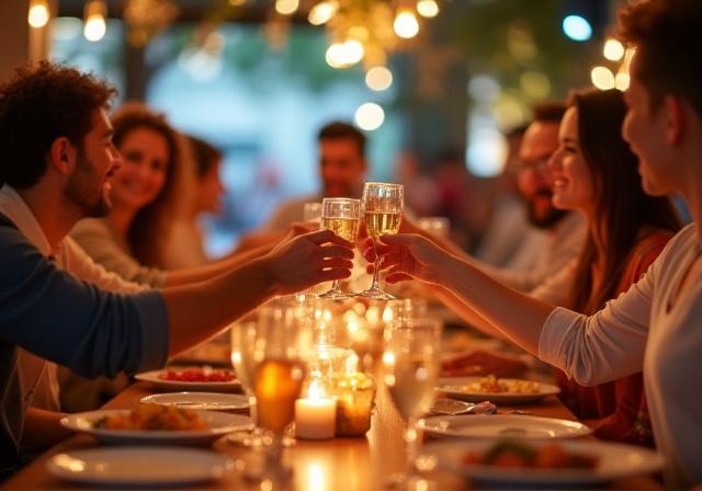 Un gruppo di amici che brinda a tavola